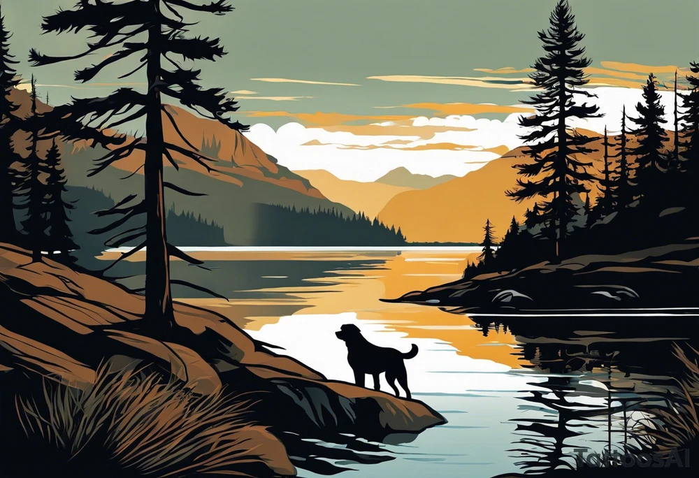 Sleeve tattoo windswept pine tree before lake with low hills on far side of lake. Mastiff silhouette in the foreground. with a dock coming out from the shore. Canadian shield. 
Include the words: "If the sun refused to shine
I would still be loving you
When mountains crumble to the sea
There will still be you and me" tattoo idea