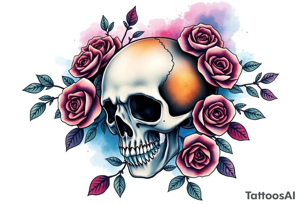 gothic skull as a planet and intertwined with climbing roses and galaxy in background tattoo idea