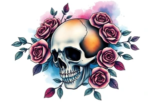 gothic skull as a planet and intertwined with climbing roses and galaxy in background tattoo idea