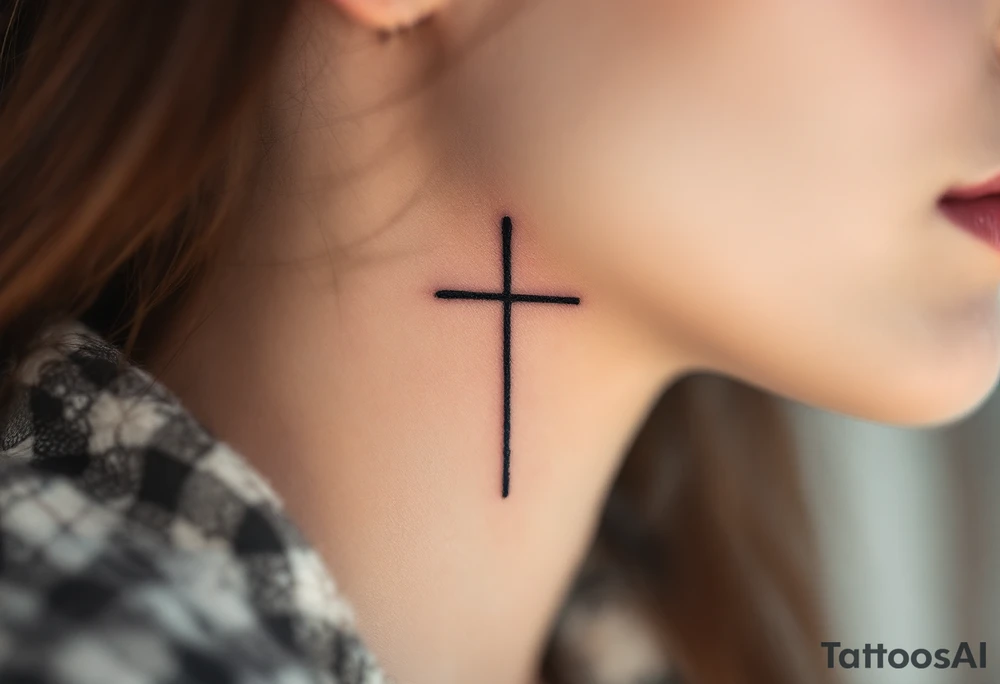 A thin black cross under eye tattoo, minimalist and sharp, symbolizing inner strength and spiritual reflection. tattoo idea