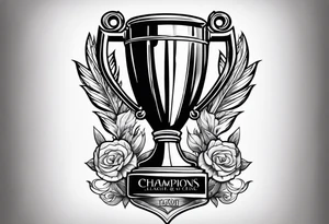 Half sleeve of a champions league ballon shoulder & Real Madrid crest on side of bicep & champions league trophy on tricep tattoo idea