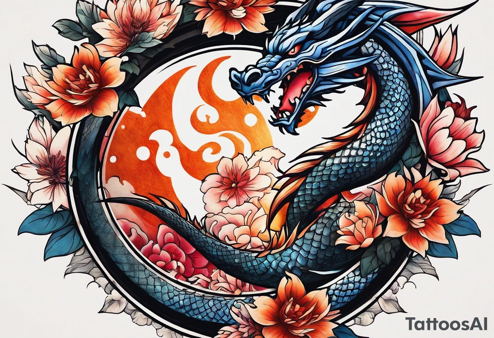 Makes an image that MIXES with lightsabers, charizard, nezuko kamado, or a ring, wands, dragons, WITH FLOWERS tattoo idea