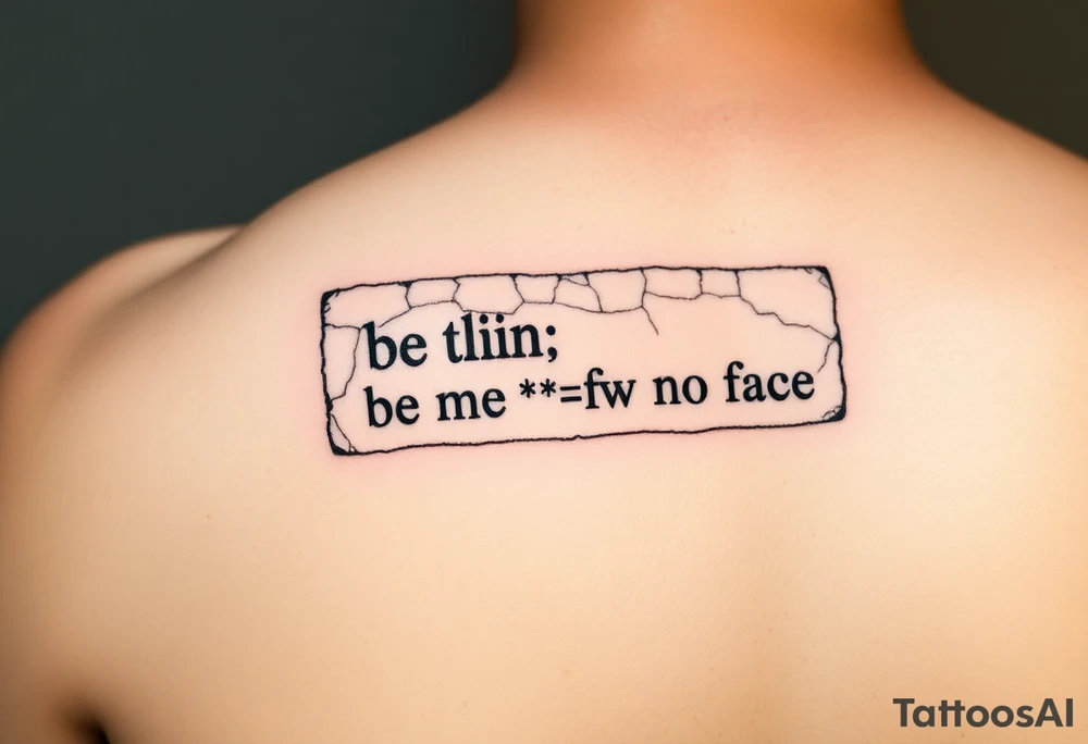 "Ancient stone tablet tattoo, but:  
- Text is 4chan greentext  
- Last line: **'>be me  
>mfw no face'**  

Style: Cracked engraving. Black ink, shoulder blade." tattoo idea