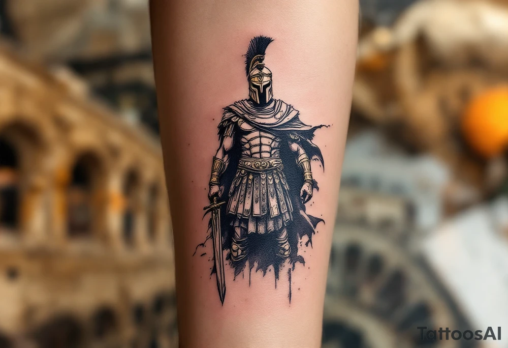 gladiator roman soldier provocator standing colosseum interior combat sword helmet cape sand wind legion trace tattoo idea