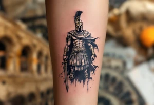 gladiator roman soldier provocator standing colosseum interior combat sword helmet cape sand wind legion trace tattoo idea