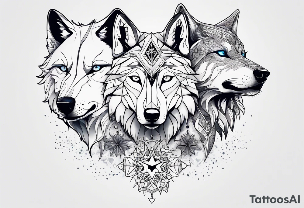 Constellation, two animal alien wolf, snowflake tattoo idea