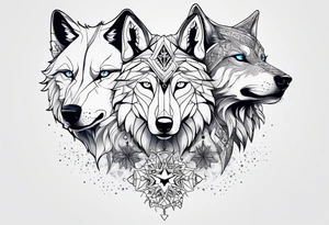 Constellation, two animal alien wolf, snowflake tattoo idea