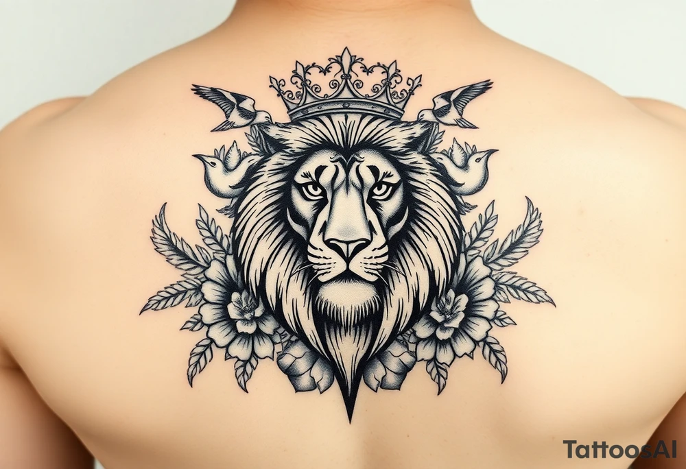 powerful majestic lion with a crown, surrounded by floral ornaments and birds tattoo idea