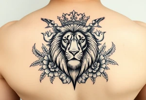 powerful majestic lion with a crown, surrounded by floral ornaments and birds tattoo idea