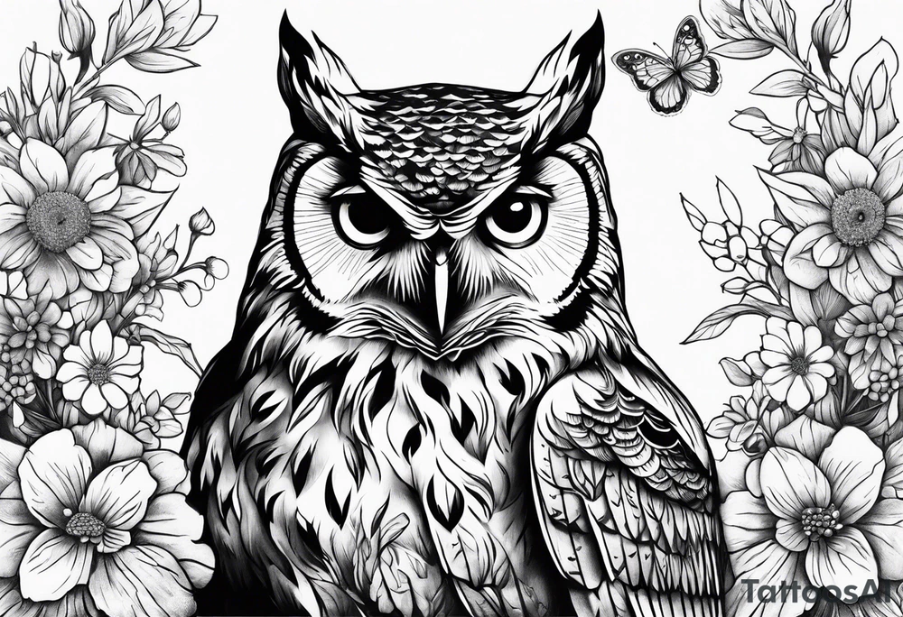 Owl and wildflowers half sleeve tattoo idea