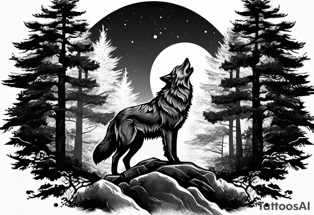 Wolf on top of a rock howling at the full moon, surrounded by trees tattoo idea