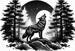 Wolf on top of a rock howling at the full moon, surrounded by trees tattoo idea