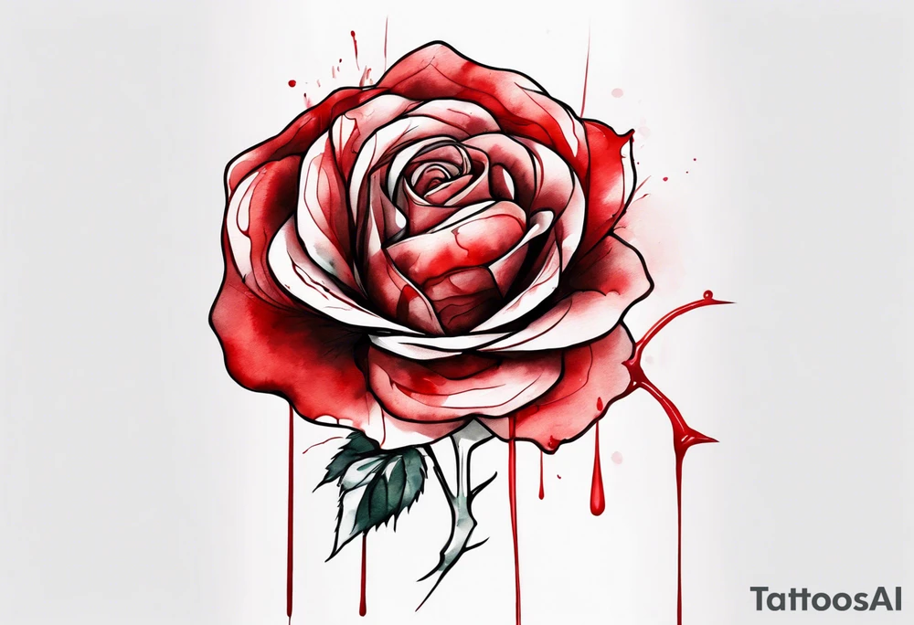 rose flower, one line, red blood dripping from the flower, tall, watercolor, with a T placed in the bottom half tattoo idea