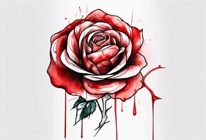 rose flower, one line, red blood dripping from the flower, tall, watercolor, with a T placed in the bottom half tattoo idea