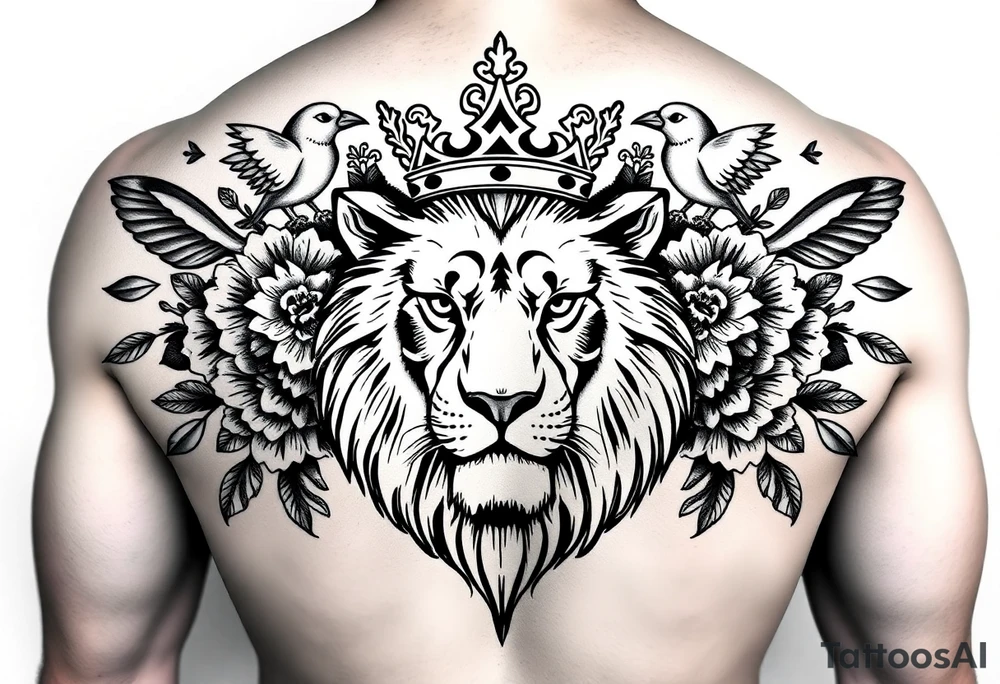 powerful majestic lion with a crown, surrounded by floral ornaments and birds tattoo idea