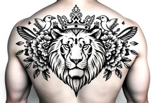 powerful majestic lion with a crown, surrounded by floral ornaments and birds tattoo idea