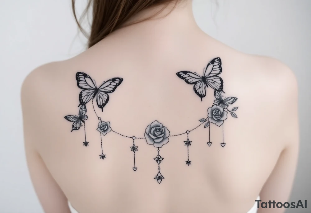 Butterflies, roses, gemstones on chains, stars tattoo idea