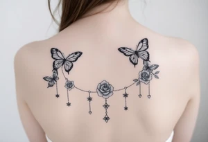 Butterflies, roses, gemstones on chains, stars tattoo idea