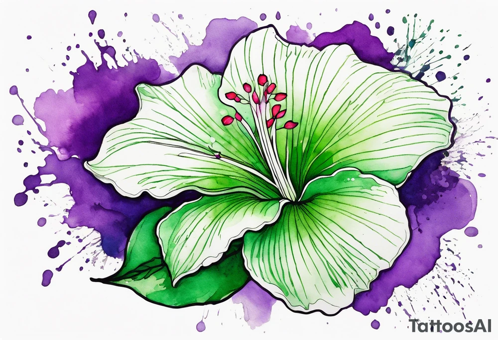 An outline of a green rio dipladenia flower and a green and purple watercolor splash in the background tattoo idea