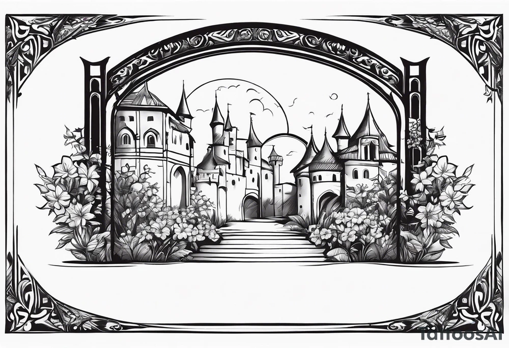 medieval tribal city gate floral land vignette tattoo idea