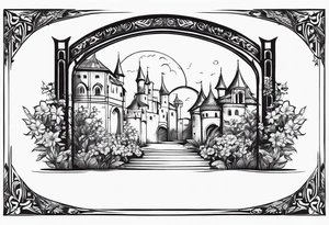 medieval tribal city gate floral  land  vignette tattoo idea