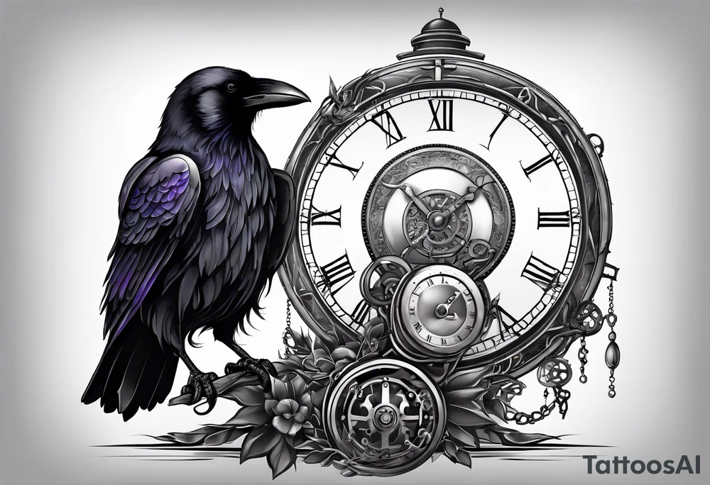 Raven sitting on a clockwork tattoo idea
