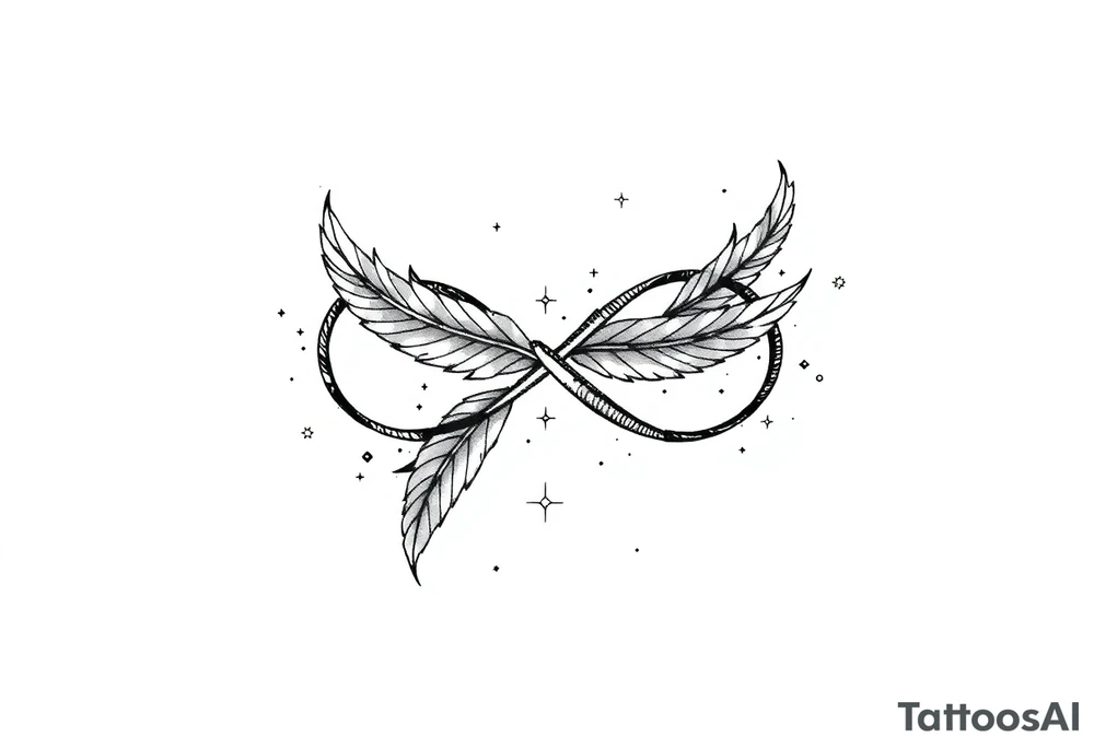 infinity symbol woven with floating feathers and stardust tattoo idea