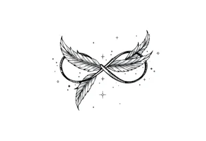 infinity symbol woven with floating feathers and stardust tattoo idea
