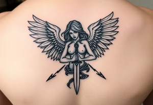 Fierce Female Angel warrior with dagger and lighting bolts going around body Greek mythology style with dark shading tattoo idea