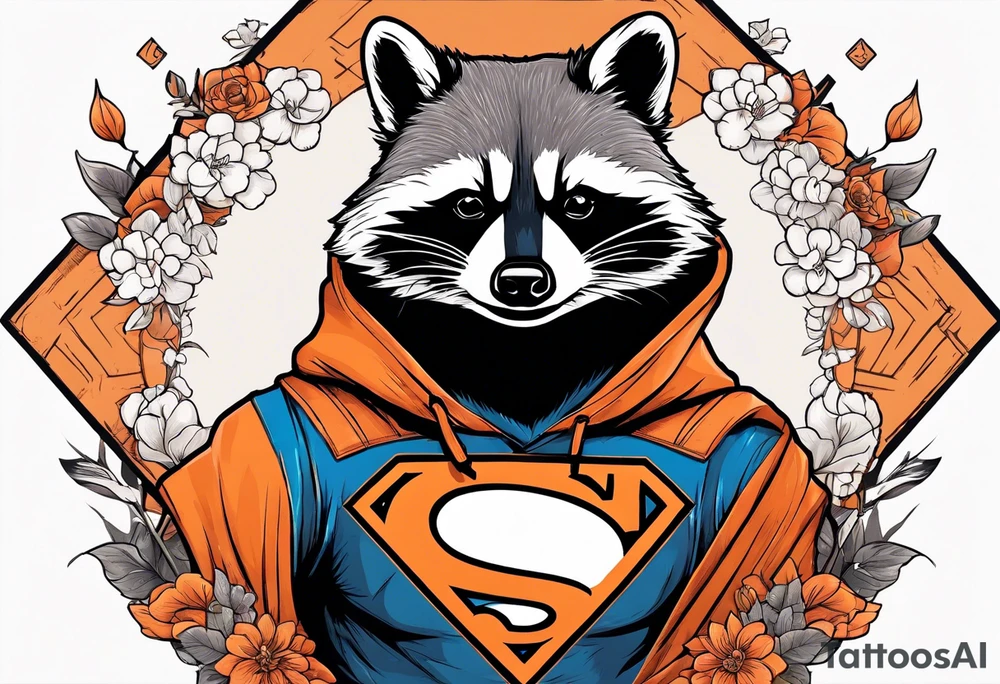 Raccoon wearing an orange Superman hoodie tattoo idea
