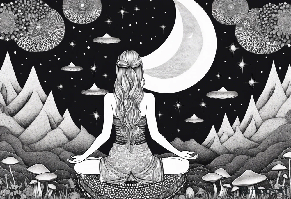Straight blonde hair girl meditating facing away toward mountains surrounded by mushrooms crescent moon mandala circular design black and white striped dress tattoo idea