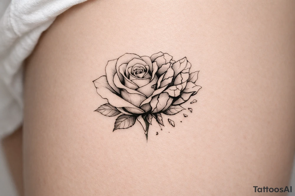 Close-up of a perfect rose morphing into a cracked, broken bloom. tattoo idea
