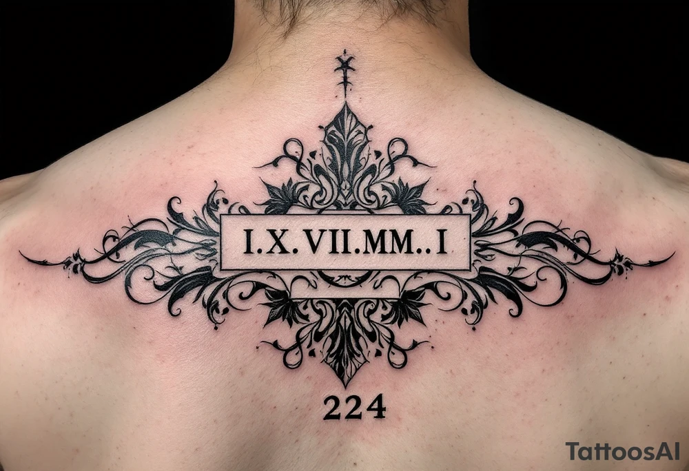 IX.VII.MM. and II.XXV.MMII with a space between them in a balanced and symmetrical layout, along with the number 224 tattoo idea