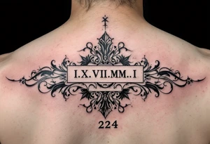 IX.VII.MM. and II.XXV.MMII with a space between them in a balanced and symmetrical layout, along with the number 224 tattoo idea