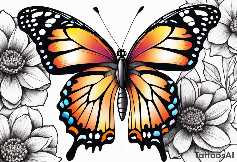 A vibrant butterfly with colorful wings, resting on a flower, showcasing transformation and beauty.” tattoo idea