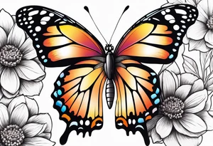 A vibrant butterfly with colorful wings, resting on a flower, showcasing transformation and beauty.” tattoo idea