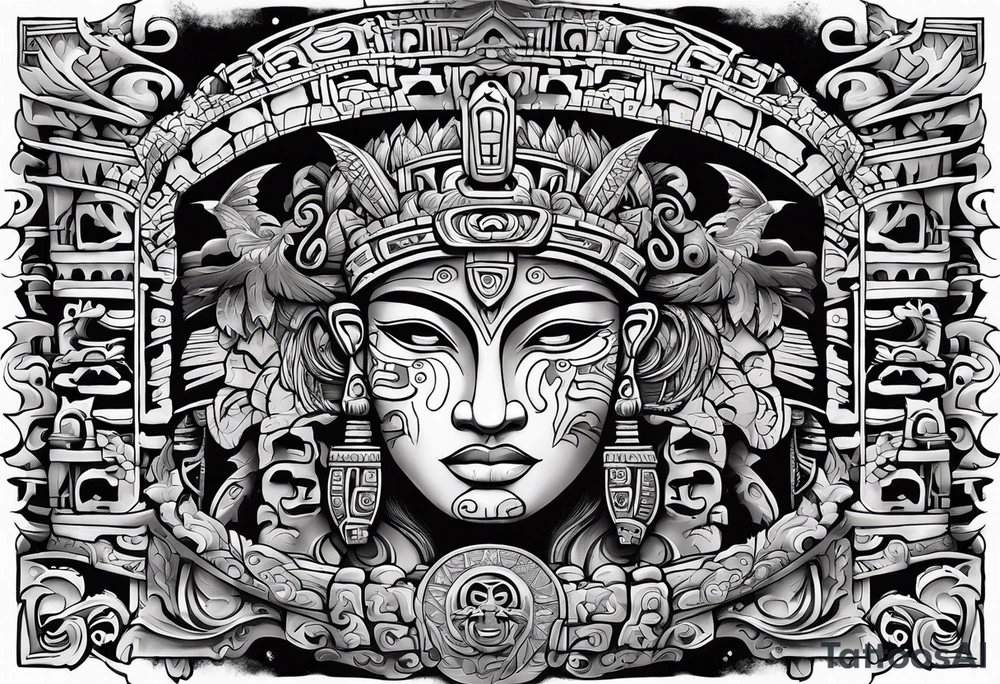 Mayan hieroglyph face with caves and bats tattoo idea