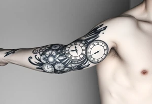I want to create a sleeve for my left arm with elements if time and music and the dates 19.04.2019 and 28.01.2022 in Roman numerals tattoo idea