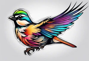 Colorful sparrow in flight tattoo idea