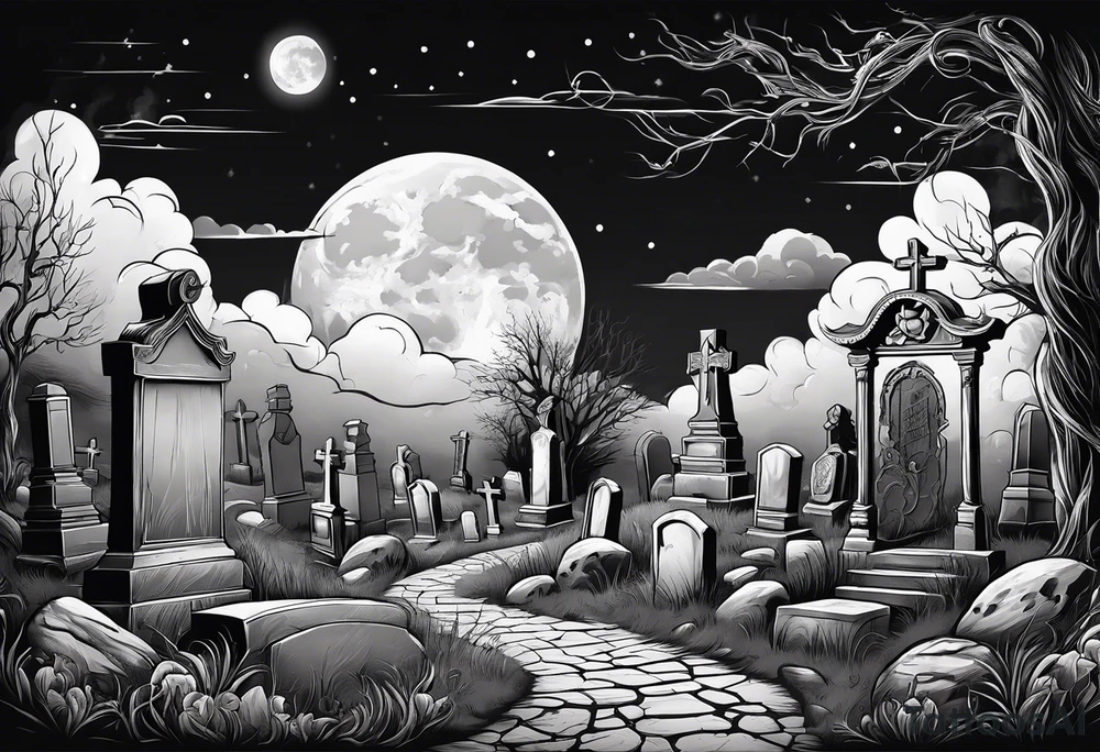 Graveyard with moon and smoke tattoo idea
