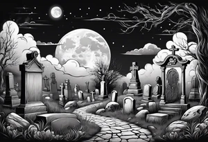 Graveyard with moon and smoke tattoo idea