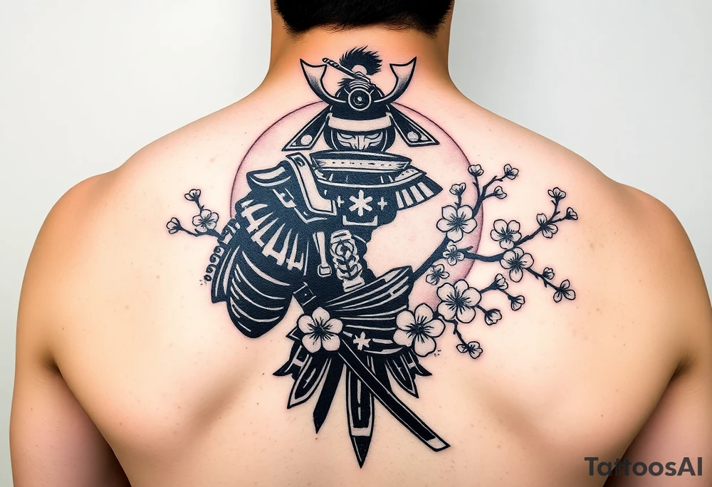 noble samurai warrior silhouette at sunset with cherry blossoms tattoo idea