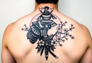 noble samurai warrior silhouette at sunset with cherry blossoms tattoo idea