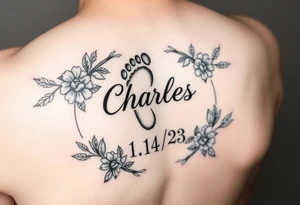 Baby footprint surrounded by the name Charles and the date 1/14/23 and floral vines on a forearm tattoo idea