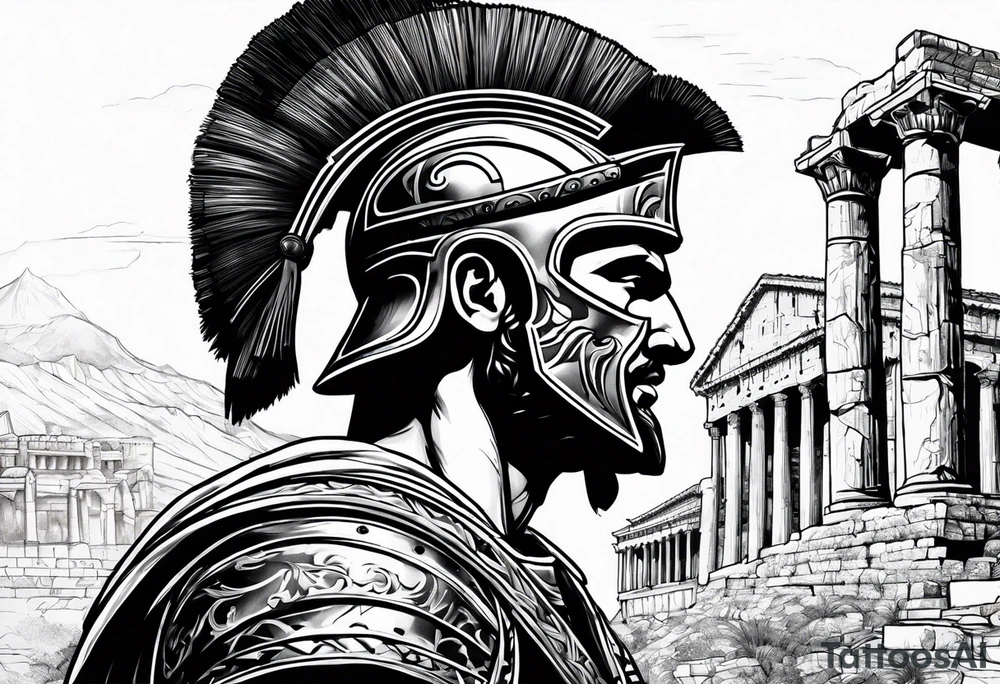 Side profile Spartan Solider ancient roman city in background tattoo idea Side profile Spartan Solider ancient roman city in background tattoo idea