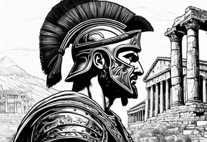 Side profile Spartan Solider ancient roman city in background tattoo idea