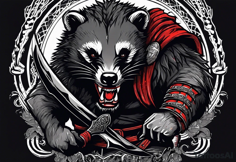 Draw me psychopath Honey Badger/Berserker with aggressive full body, killer face with a scary smile, very long nails and he attacks like a Bloody Assassin/Warrior/Gladiator to us and also, he has very deadly looking. He fights with his nails. Everybody scares after their first sight. Give me horror type Badger Tattoo. I want to see his Realistic full body with no weapons. You can show destruction. tattoo idea