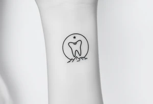 Minimalist molar tooth at the center of a half-circle crescent moon with a single falling star above and a subtle mountain silhouette at the bottom line, monochrome.” tattoo idea