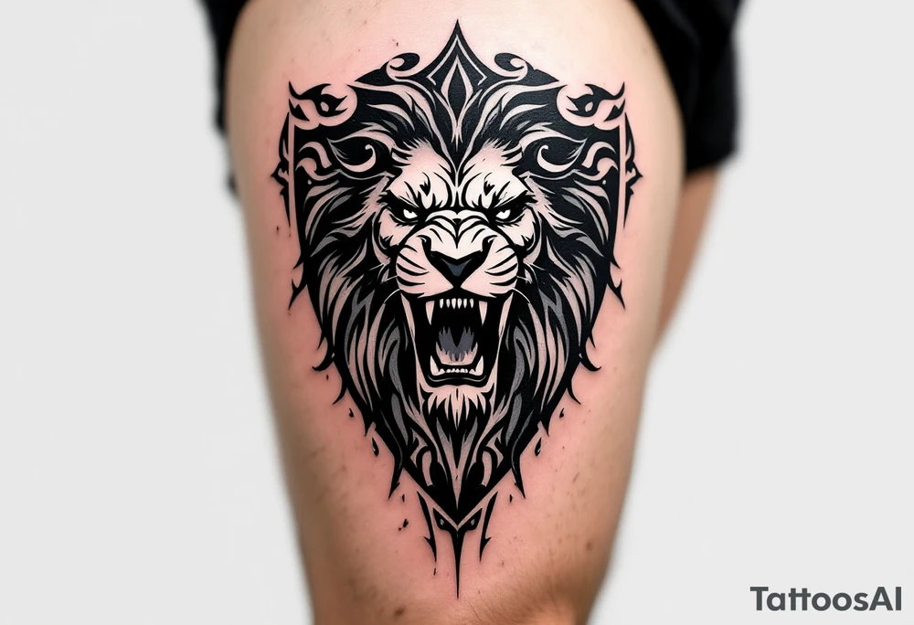 A Czech lion roaring inside a shield, with bold black lines and a distressed texture, evoking medieval heraldry. tattoo idea