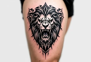 A Czech lion roaring inside a shield, with bold black lines and a distressed texture, evoking medieval heraldry. tattoo idea